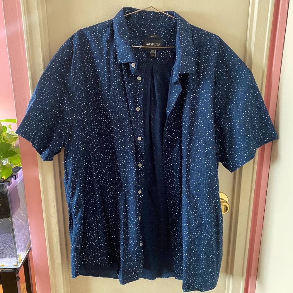 Kenneth Cole Awearness Slim Fit Navy Blue Dot Short Sleeve Button Down Shirt
